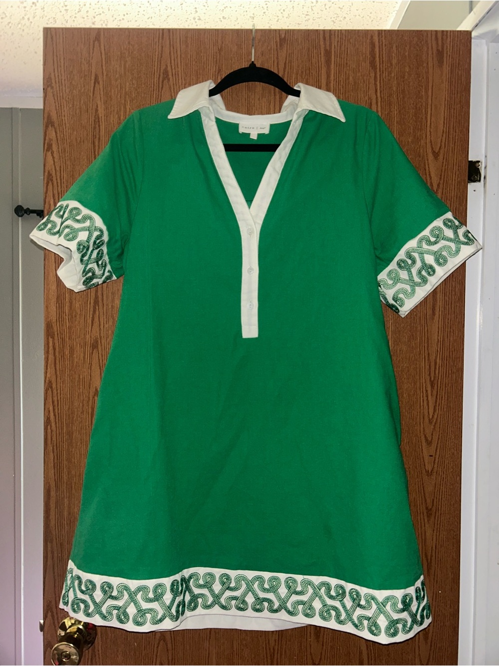 entro Green Polo Dress with White Trim and Embroidered Hem